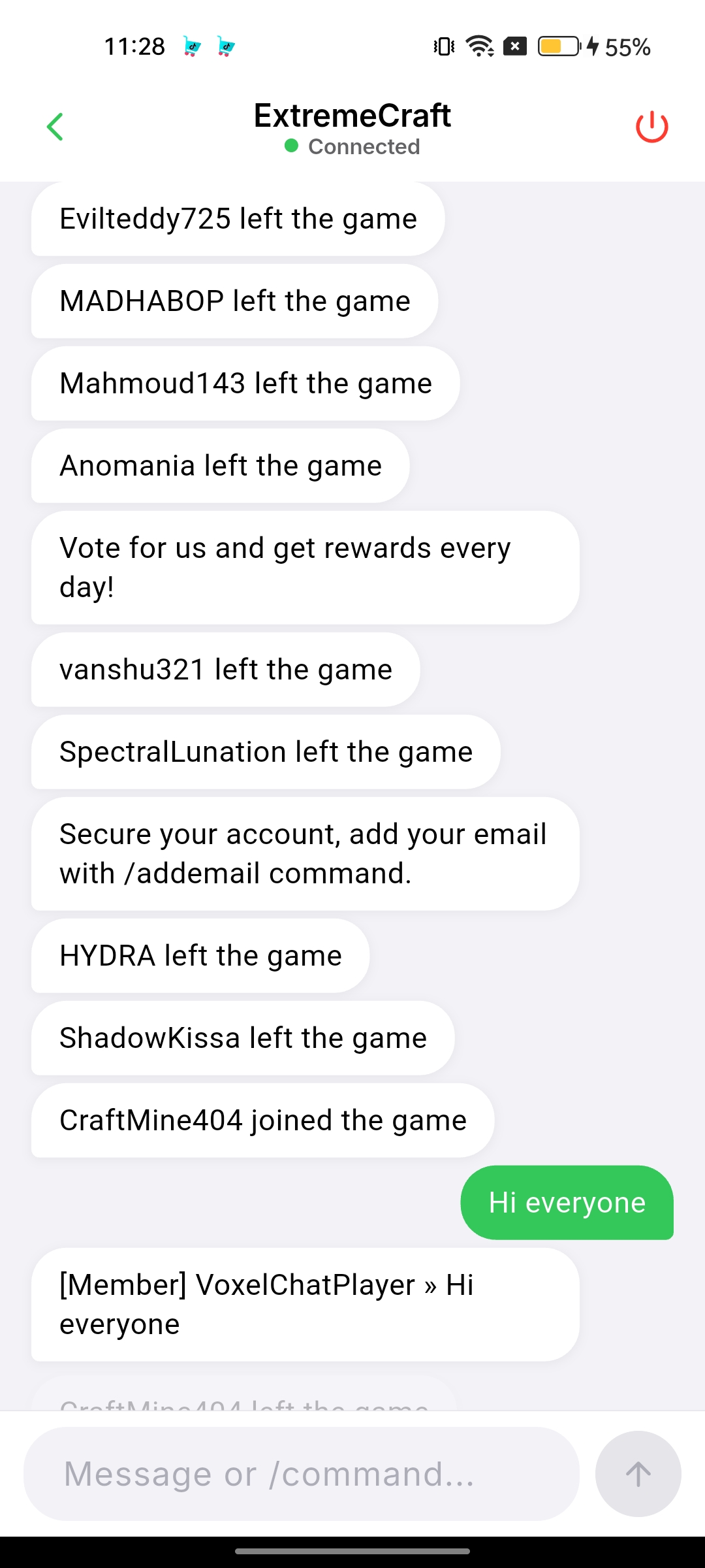 VoxelChat live chat connected to a Minecraft server